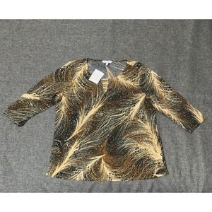 Emily Daniels Women's XL Blouse Brown Tan Feather Print‎ 3/4 Sleeve Keyhole